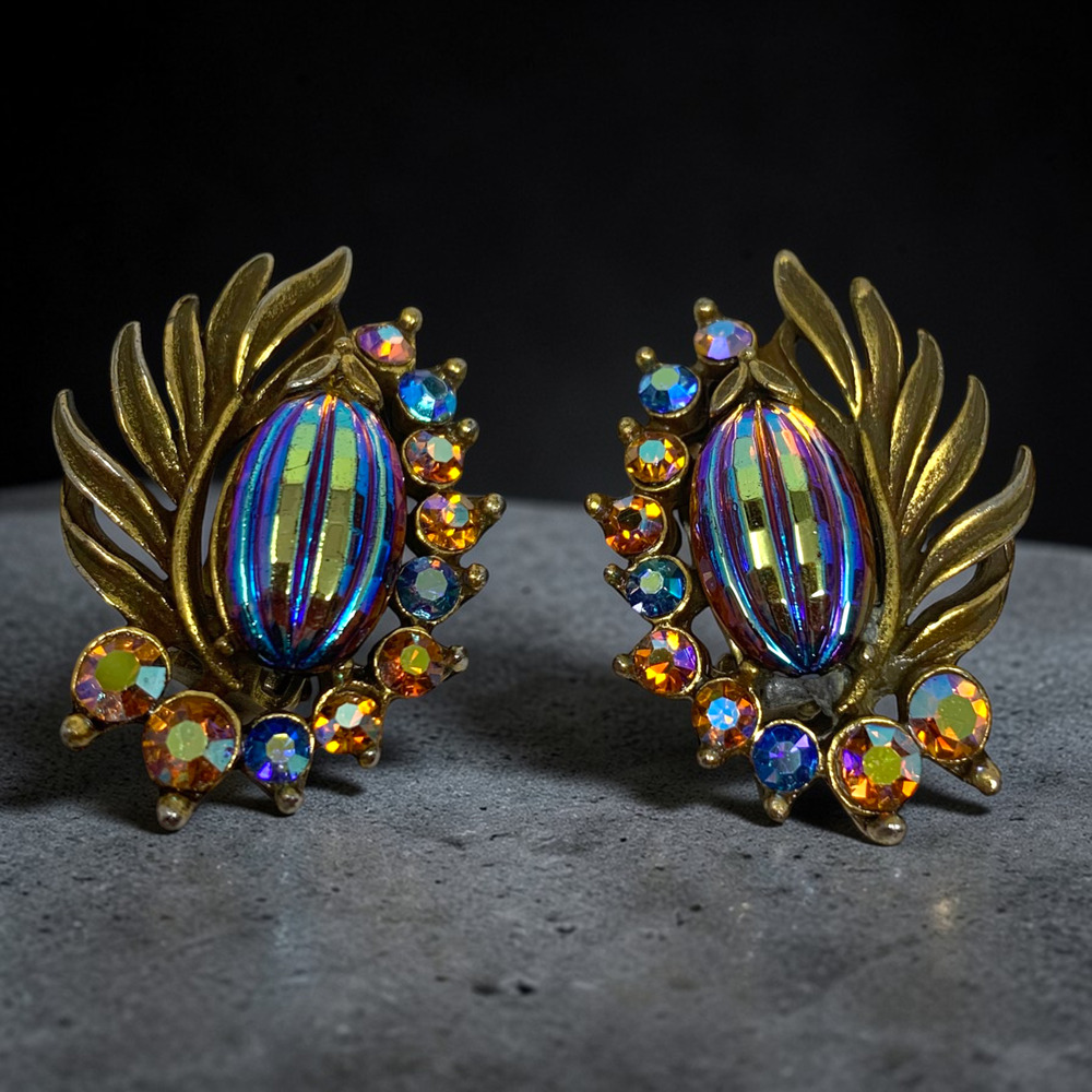 Vintage Florenza Aurora Borealis Earrings Gold Clip AB Rhinestone Art Glass